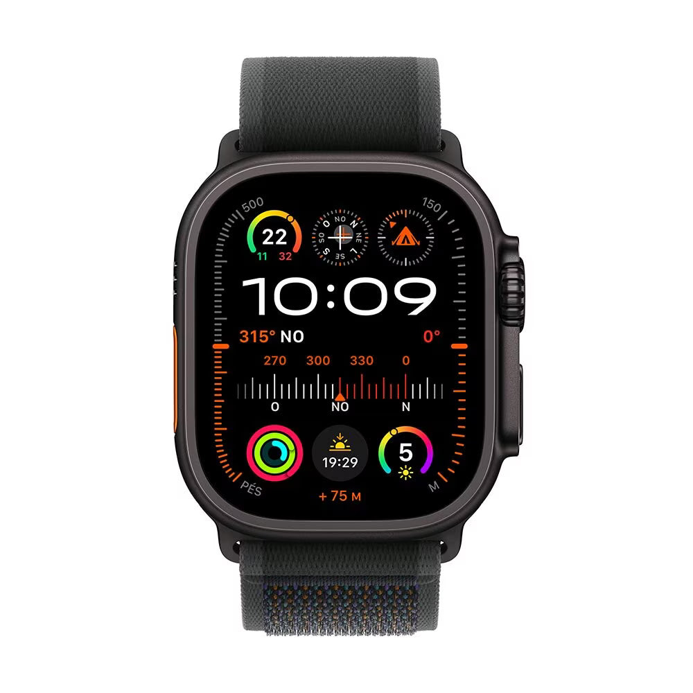 Apple Watch Ultra 2 GPS + Cellular • Caixa preta de titânio de 49mm • Pulseira loop Trail preta P/M