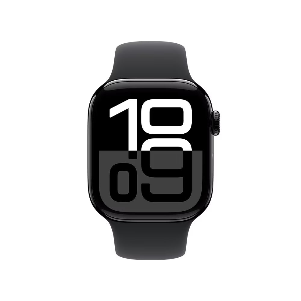 Apple Watch Series 10 GPS • Caixa preta brilhante de alumínio – 42 mm • Pulseira esportiva preta – P/M