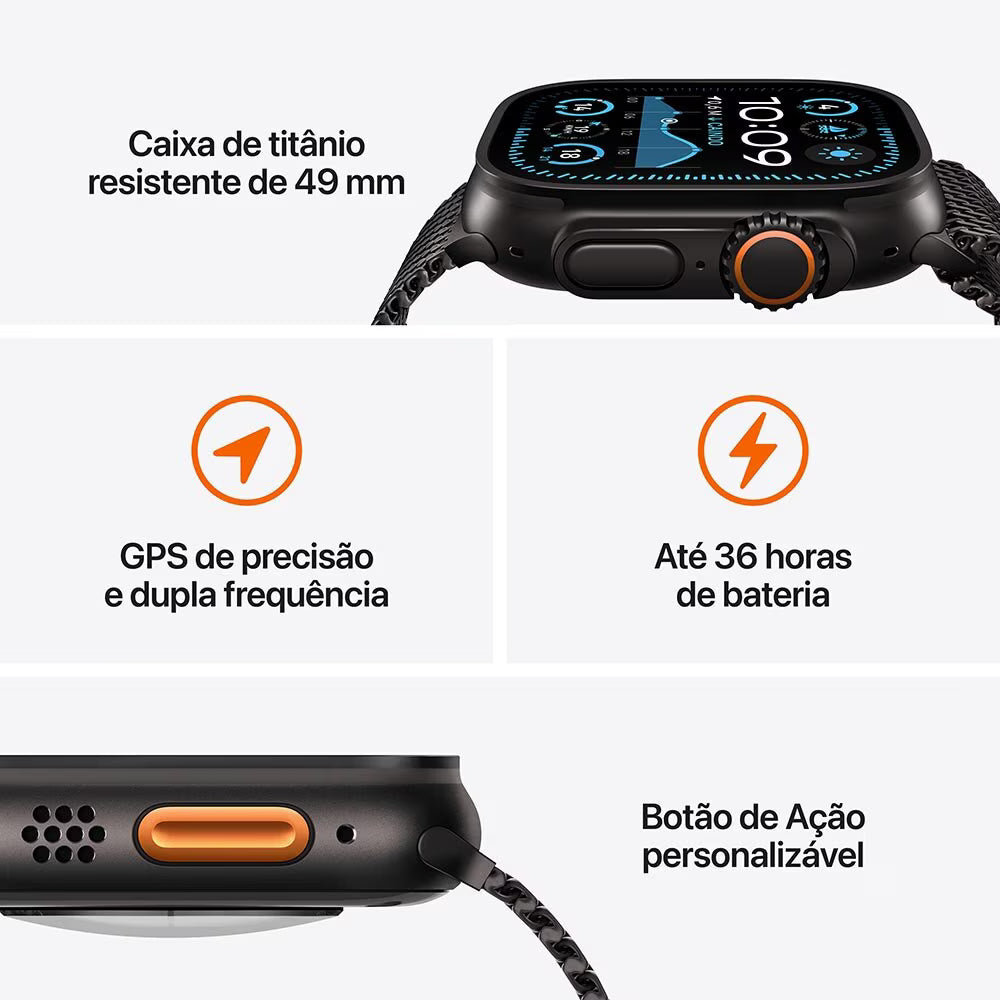 Apple Watch Ultra 2 GPS + Cellular • Caixa preta de titânio de 49mm • Pulseira loop Trail preta P/M