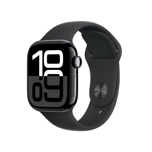 Apple Watch Series 10 GPS • Caixa preta brilhante de alumínio – 42 mm • Pulseira esportiva preta – P/M