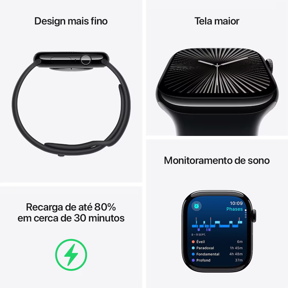 Apple Watch Series 10 GPS • Caixa preta brilhante de alumínio – 42 mm • Pulseira esportiva preta – P/M