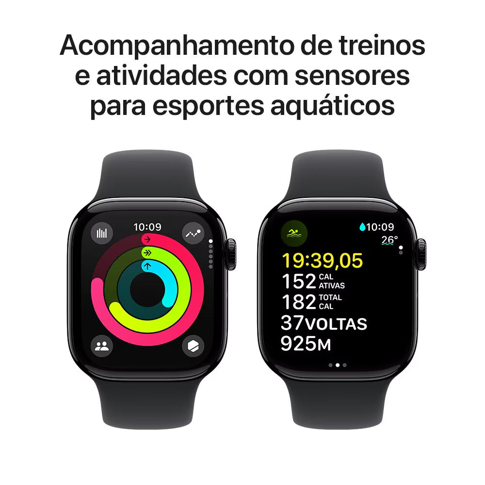Apple Watch Series 10 GPS • Caixa preta brilhante de alumínio – 42 mm • Pulseira esportiva preta – P/M