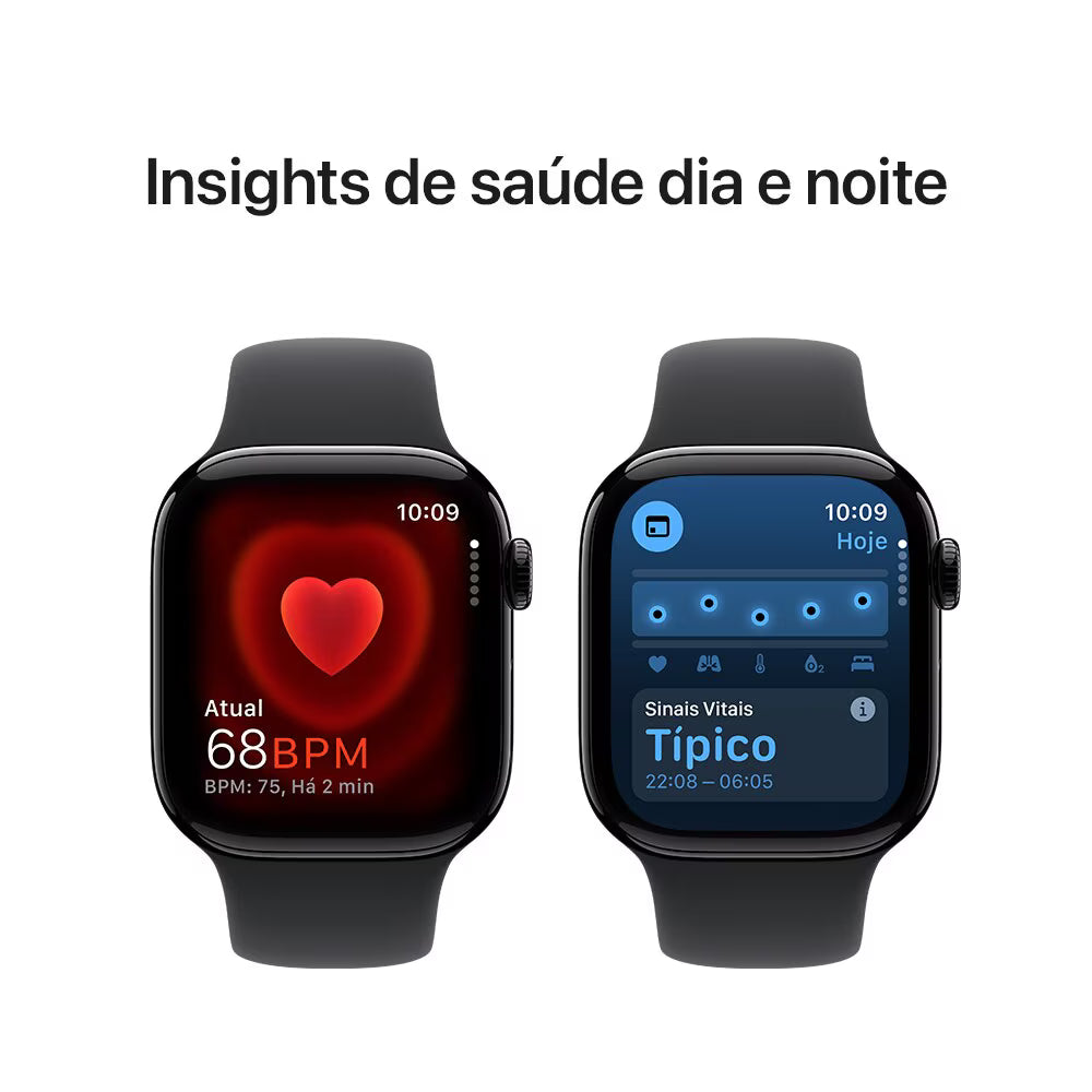 Apple Watch Series 10 GPS • Caixa preta brilhante de alumínio – 42 mm • Pulseira esportiva preta – P/M